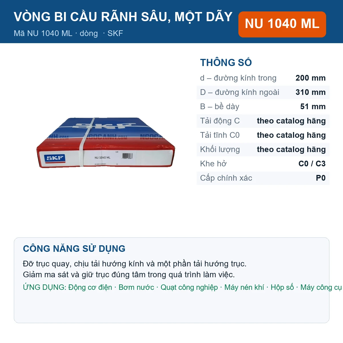 Vòng bi SKF NU 1040 ML 200x310x51mm — Ảnh đăng sản phẩm (web)