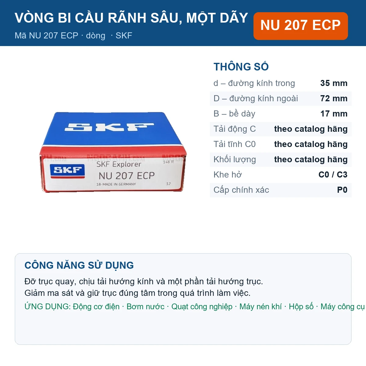 Vòng bi SKF NU 207 ECP — kích thước 35x72x17mm
