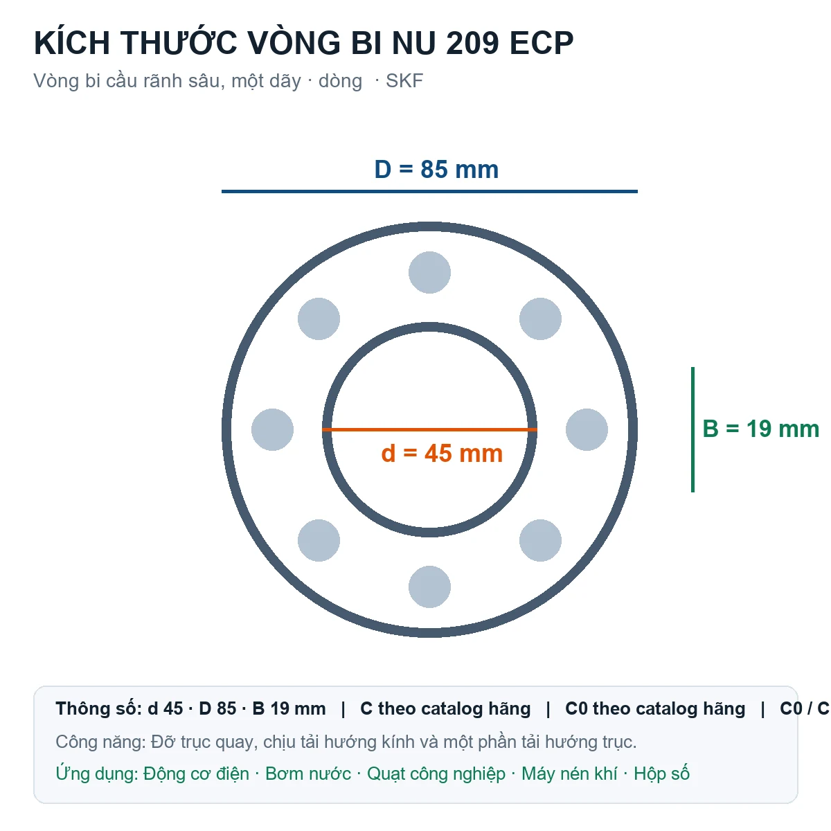 Vòng bi SKF NU 209 ECP 45x85x19mm — Bản vẽ kích thước (Google Images)