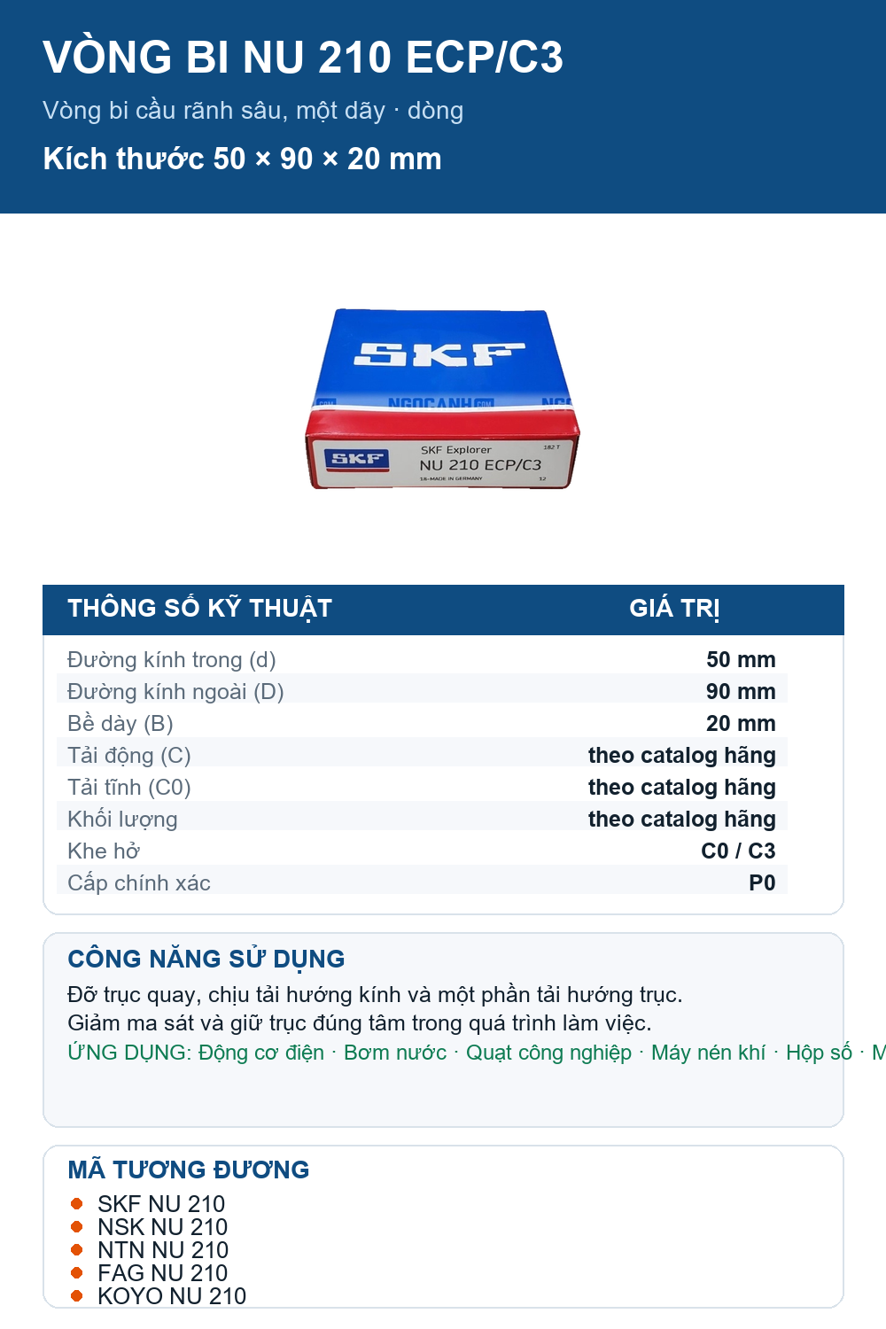 Vòng bi SKF NU 210 ECP/C3 50x90x20mm — Ảnh thông số (Pinterest)