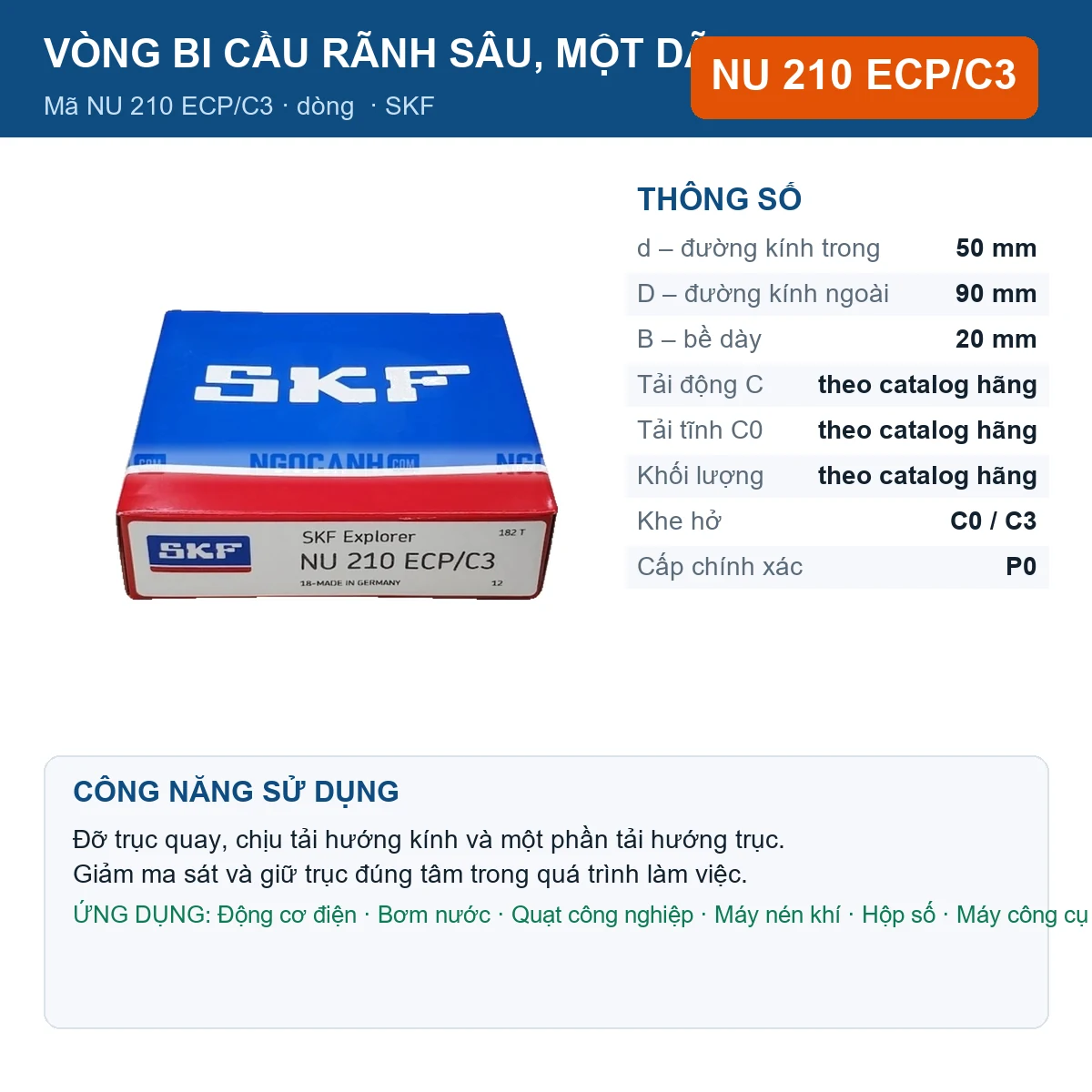 Vòng bi SKF NU 210 ECP/C3 50x90x20mm — Ảnh đăng sản phẩm (web)
