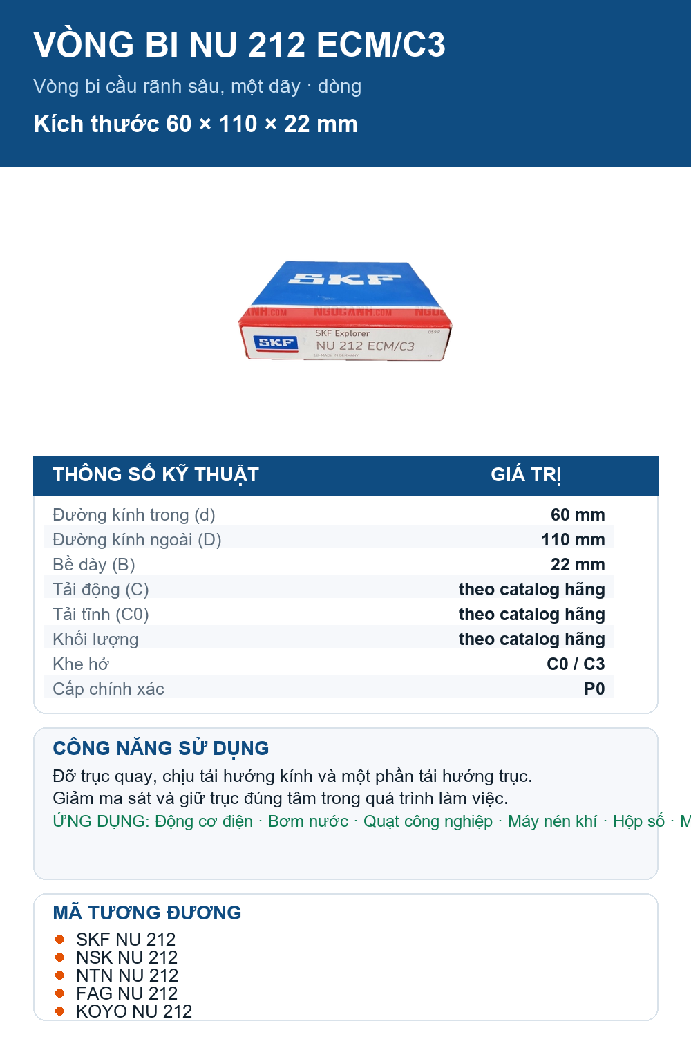 Vòng bi SKF NU 212 ECM/C3 60x110x22mm — Ảnh thông số (Pinterest)