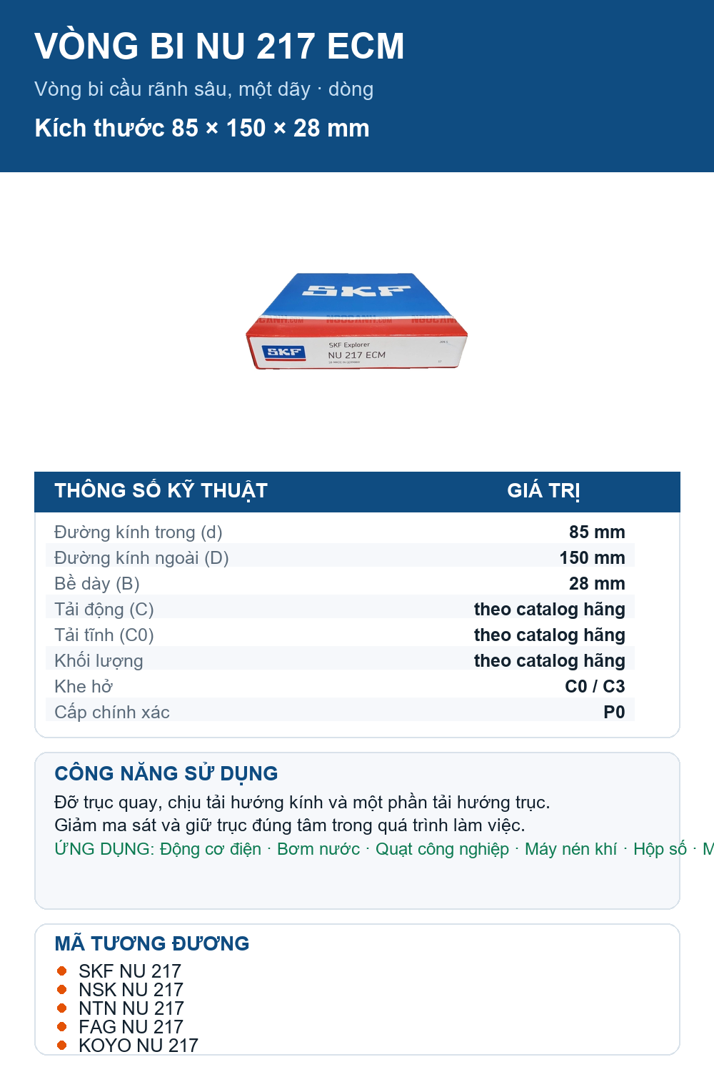 Vòng bi SKF NU 217 ECM 85x150x28mm — Ảnh thông số (Pinterest)