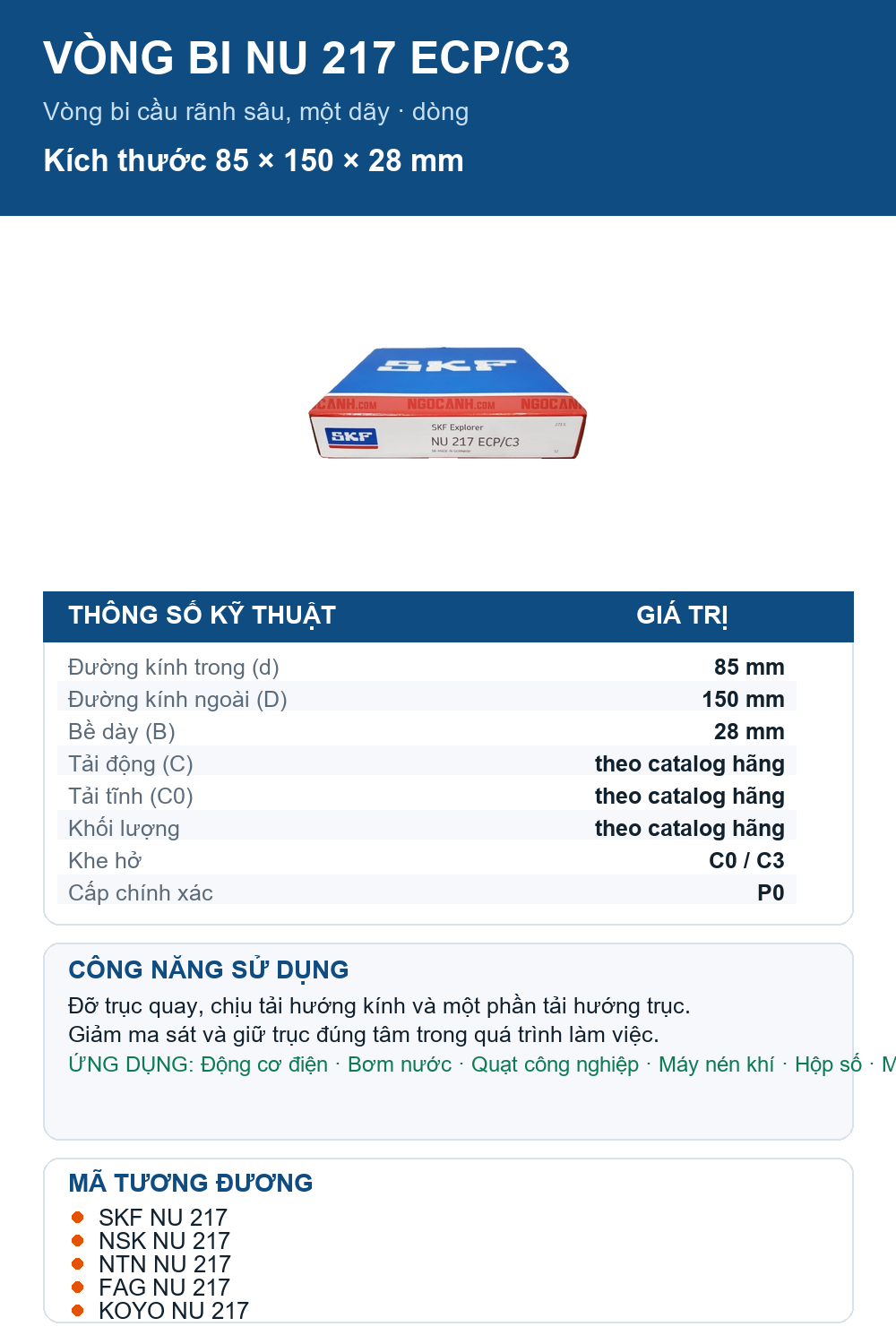 Vòng bi SKF NU 217 ECP/C3 85x150x28mm — Ảnh thông số (Pinterest)