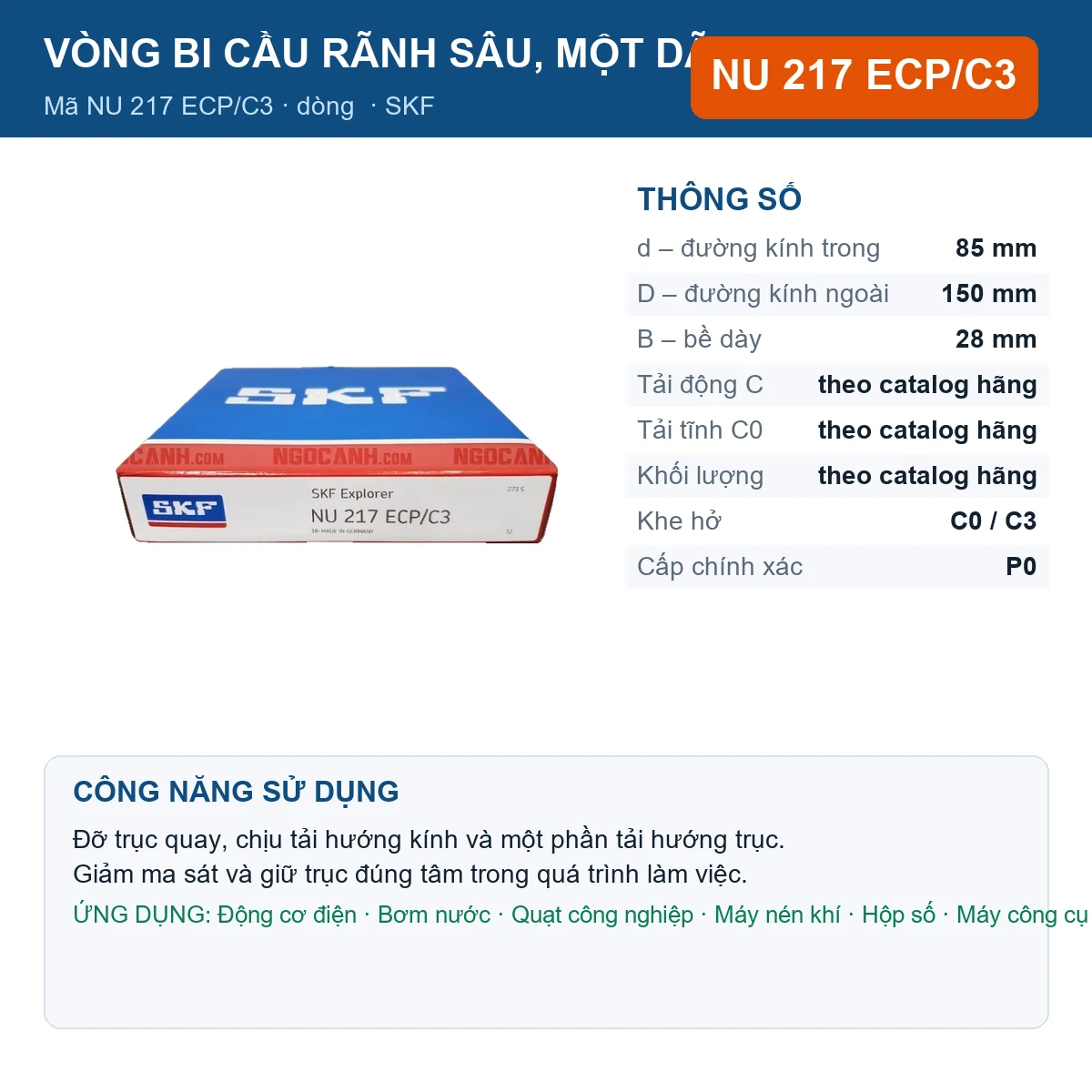 Vòng bi SKF NU 217 ECP/C3 — kích thước 85x150x28mm