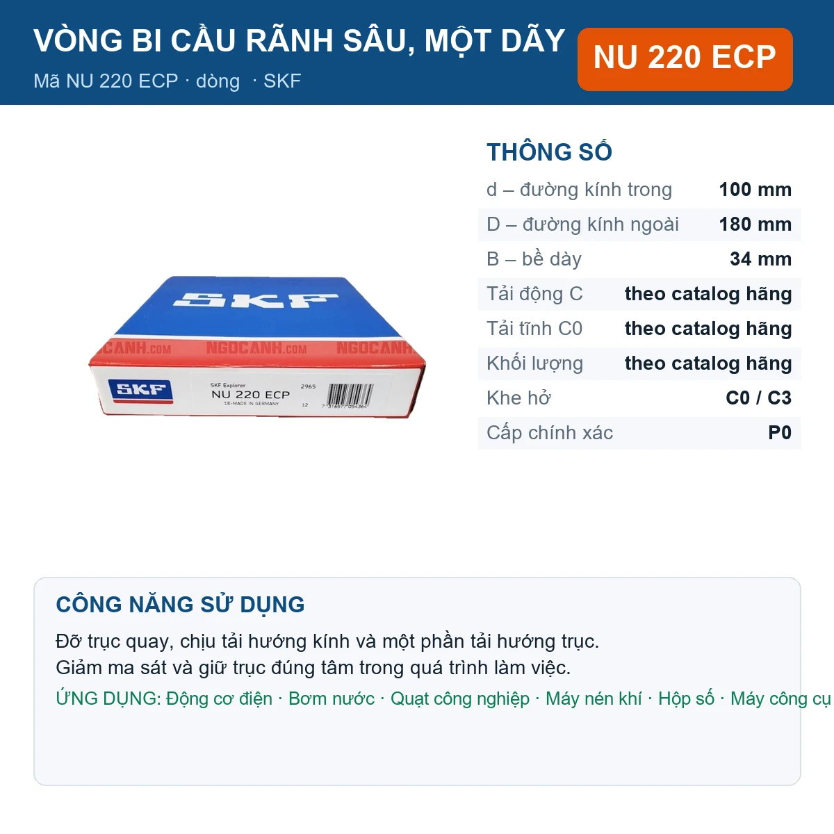 Vòng bi SKF NU 220 ECP — kích thước 100x180x34mm