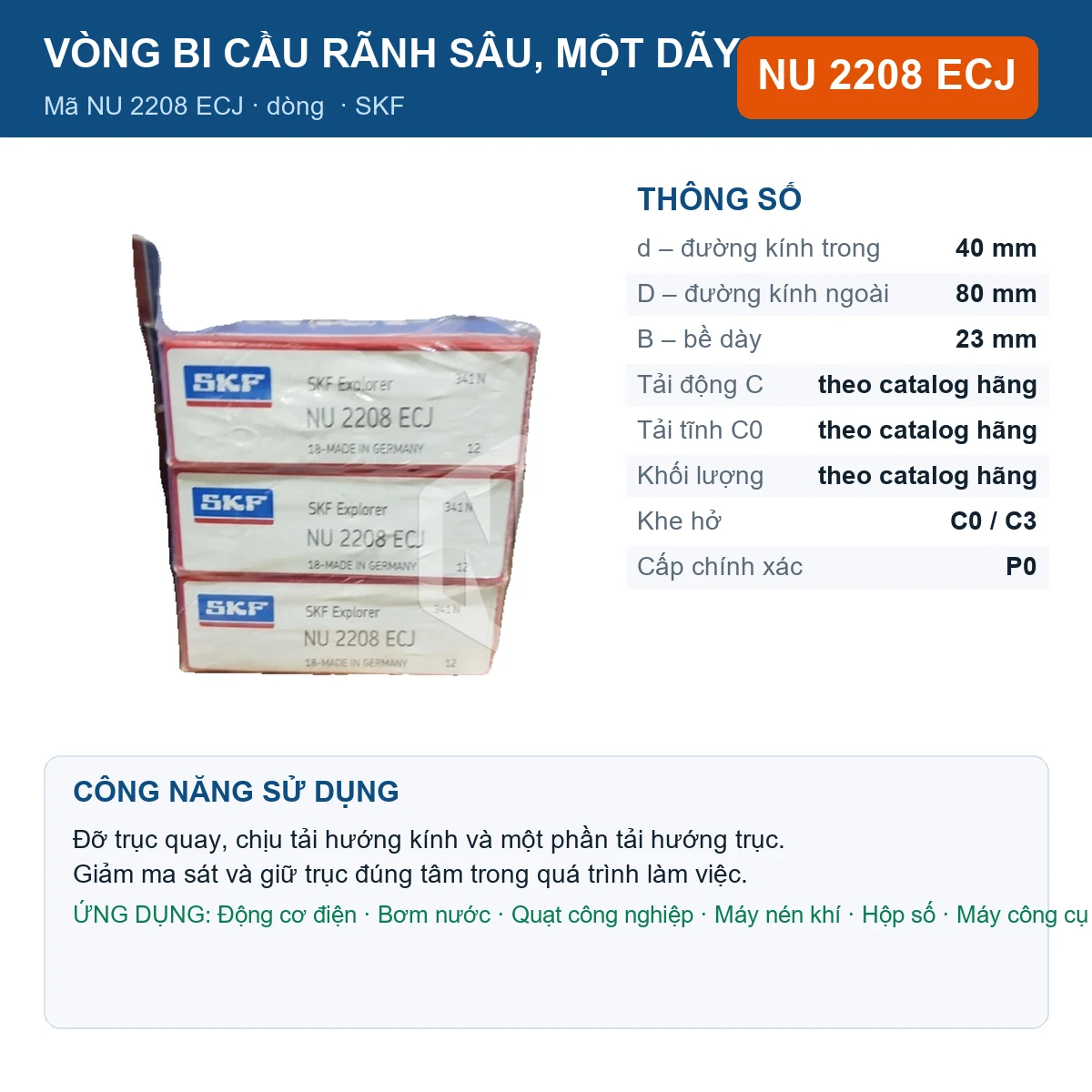 Vòng bi SKF NU 2208 ECJ — kích thước 40x80x23mm