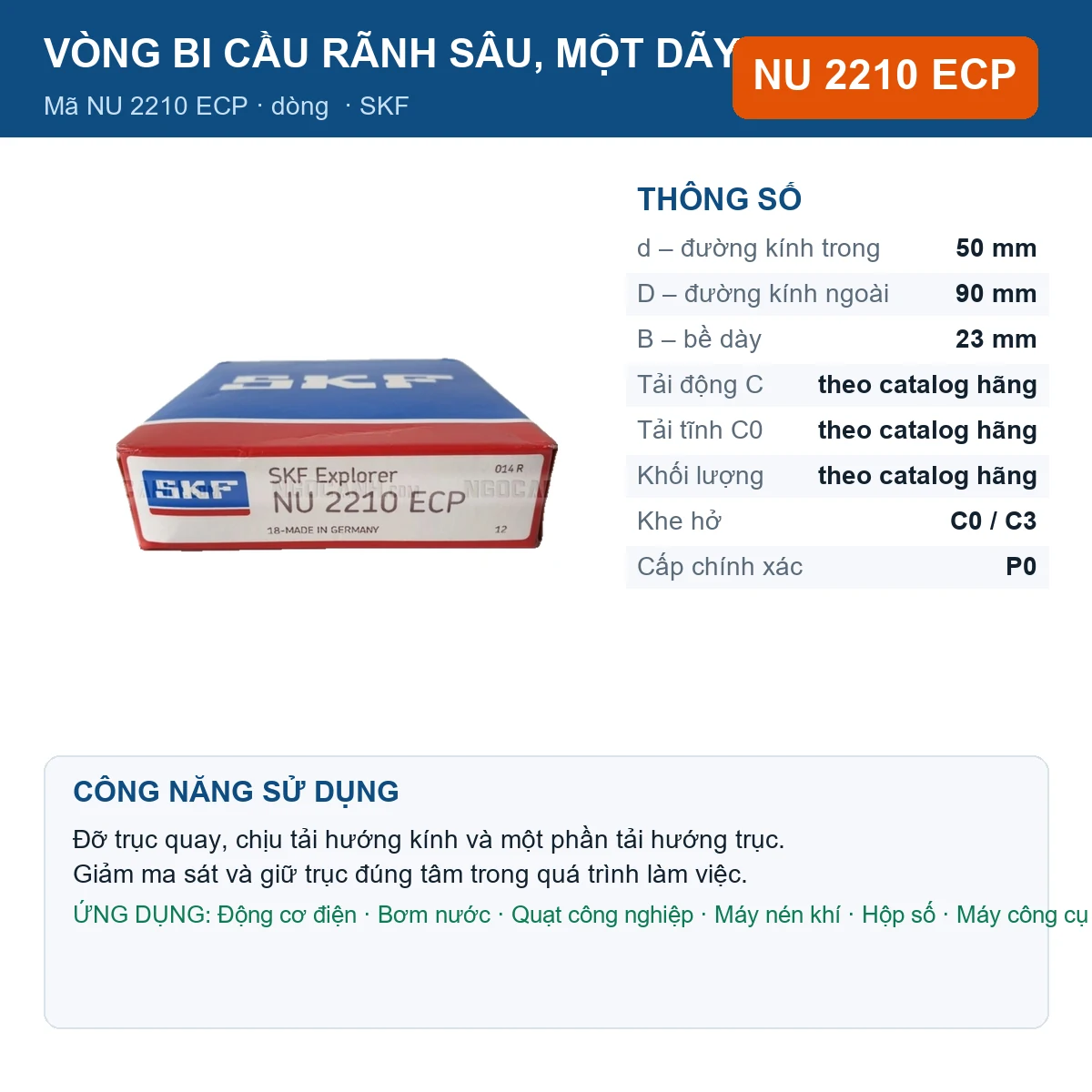 Vòng bi SKF NU 2210 ECP — kích thước 50x90x23mm