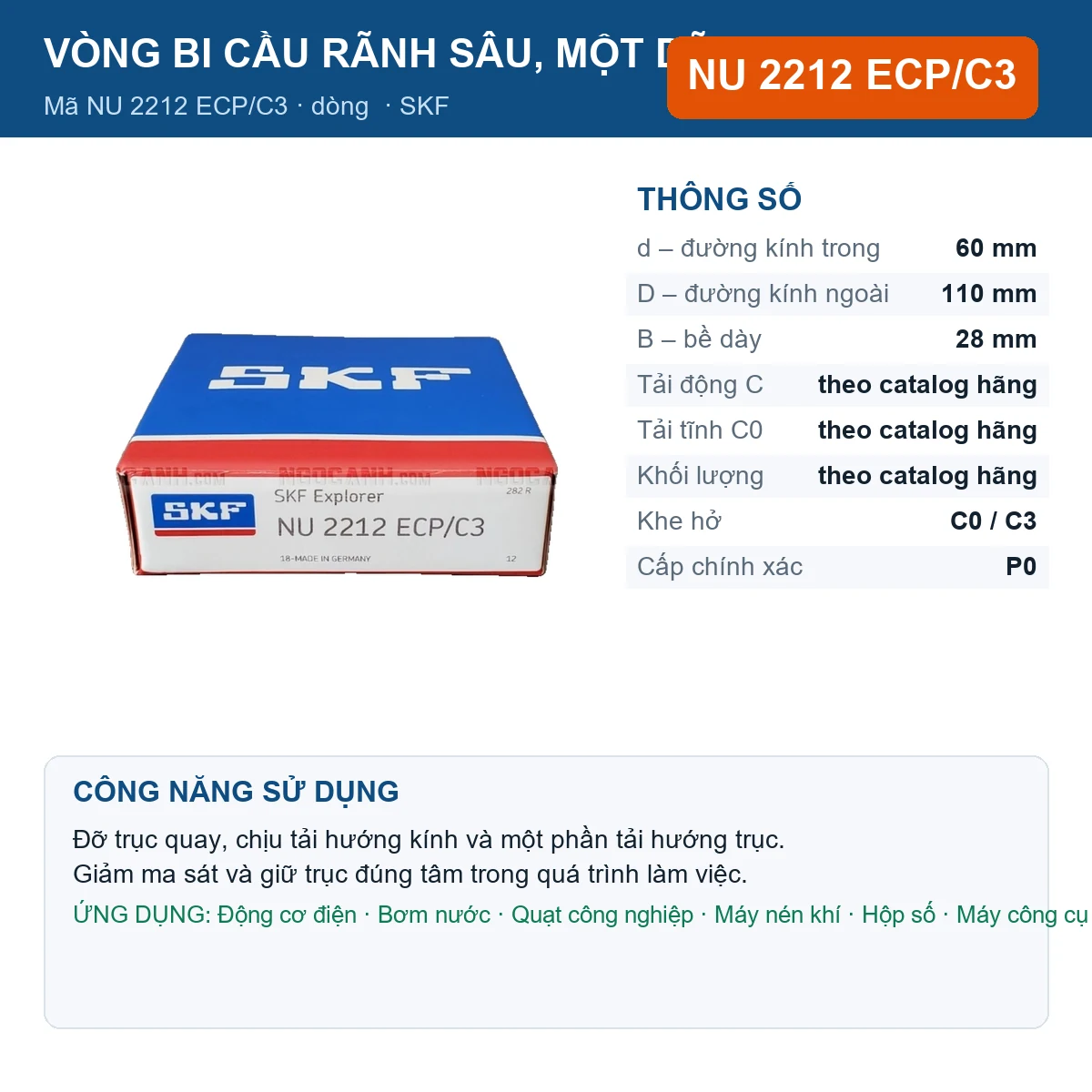 Vòng bi SKF NU 2212 ECP/C3 — kích thước 60x110x28mm
