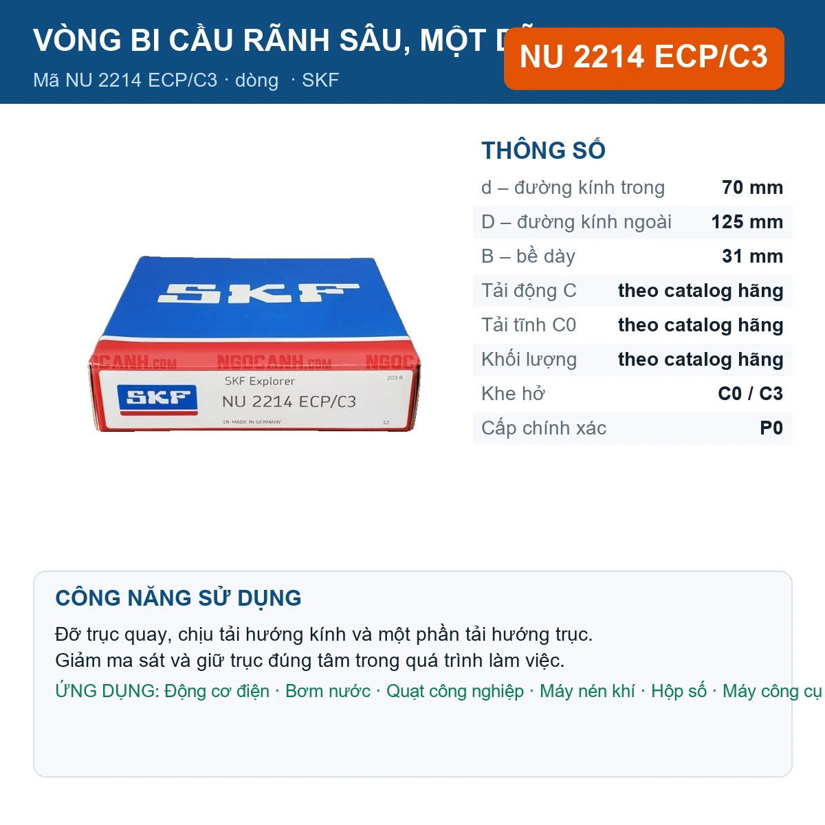 Vòng bi SKF NU 2214 ECP/C3 — kích thước 70x125x31mm