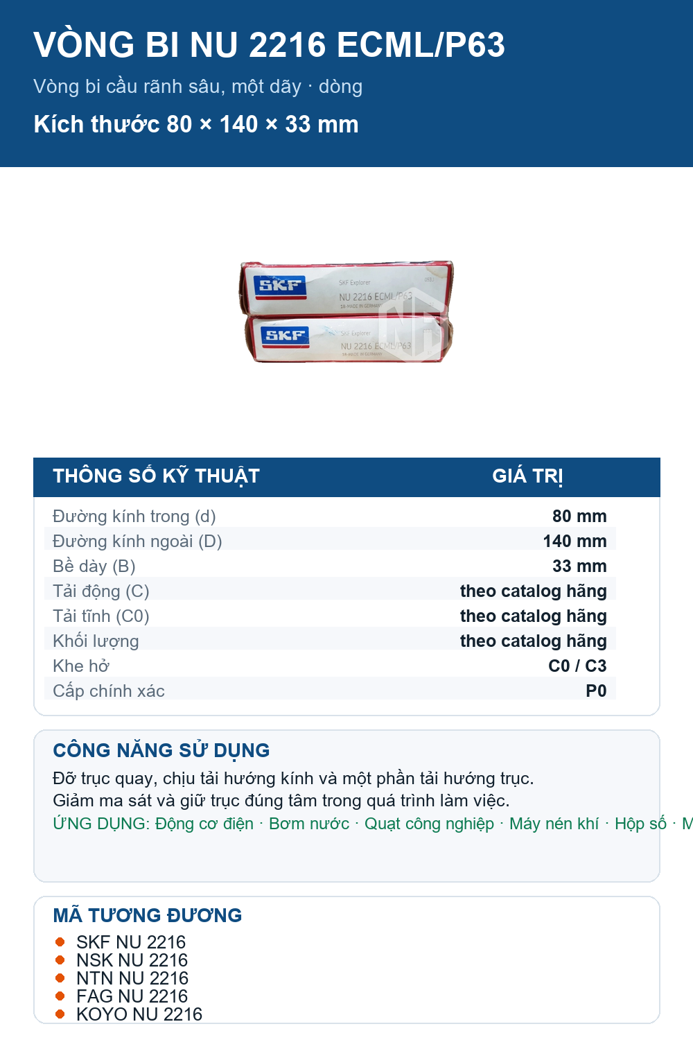 Vòng bi SKF NU 2216 ECML/P63 80x140x33mm — Ảnh thông số (Pinterest)