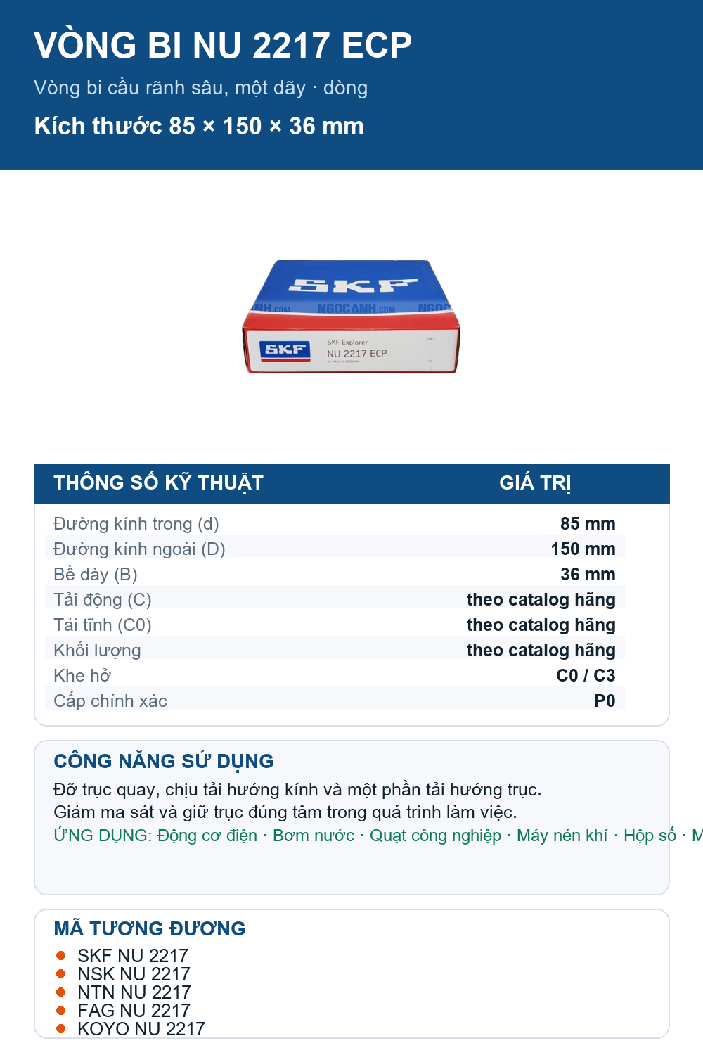 Vòng bi SKF NU 2217 ECP 85x150x36mm — Ảnh thông số (Pinterest)
