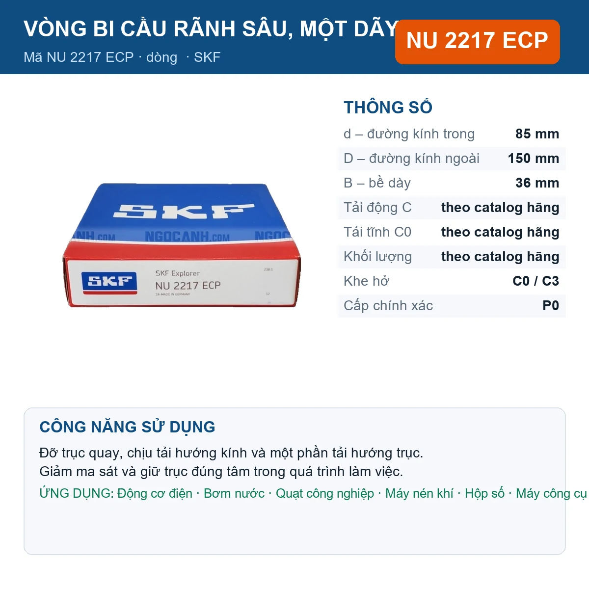 Vòng bi SKF NU 2217 ECP — kích thước 85x150x36mm