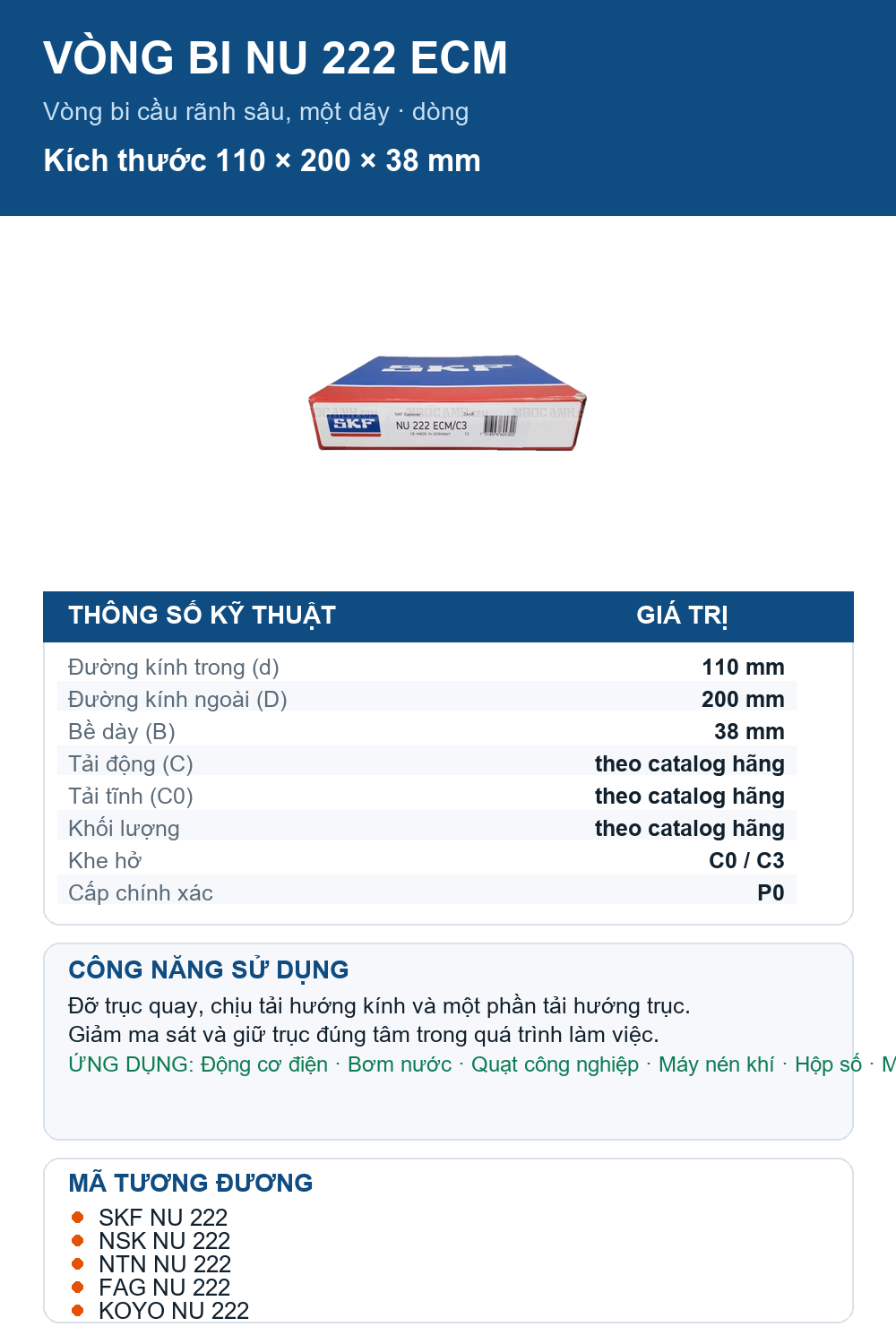 Vòng bi SKF NU 222 ECM 110x200x38mm — Ảnh thông số (Pinterest)