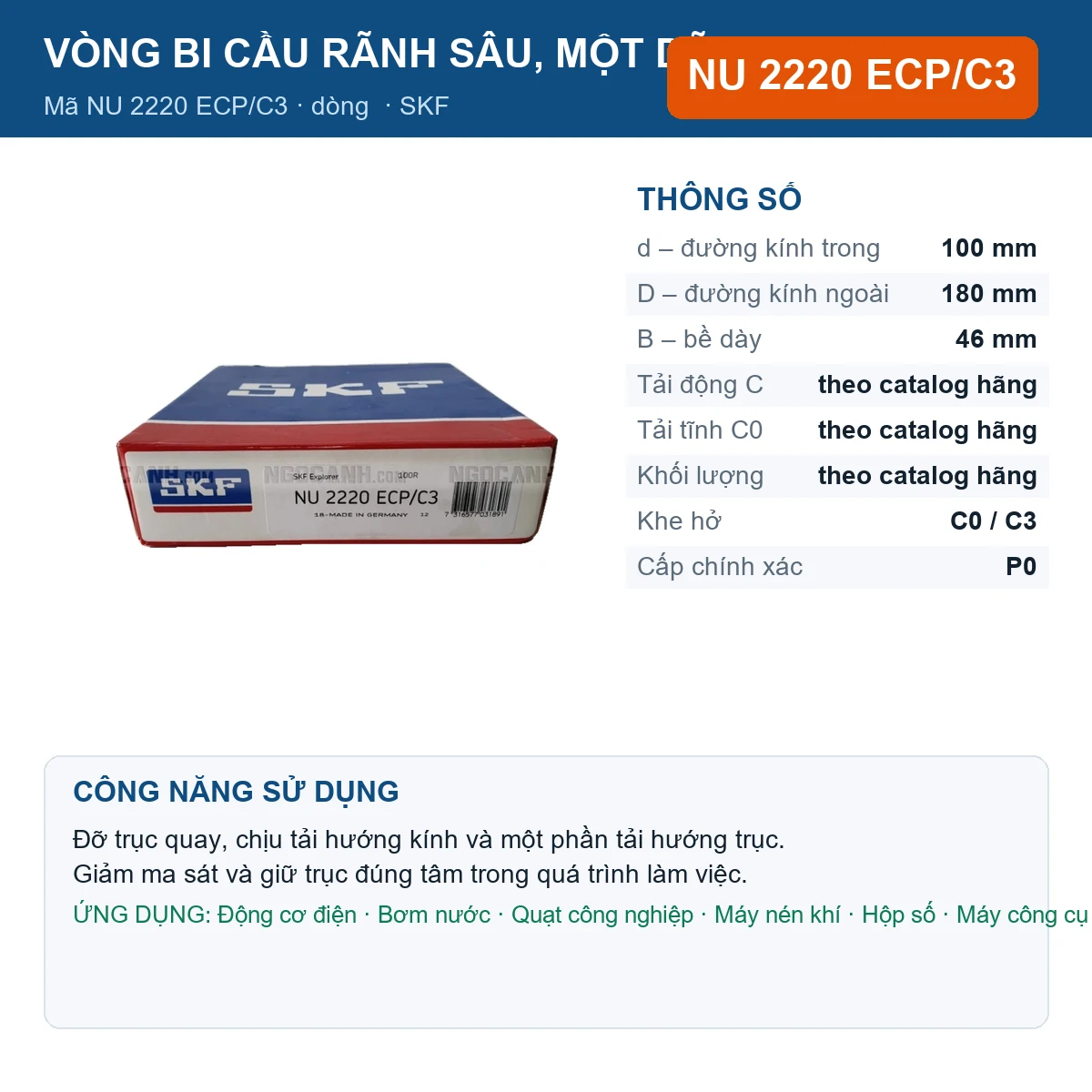 Vòng bi SKF NU 2220 ECP/C3 — kích thước 100x180x46mm
