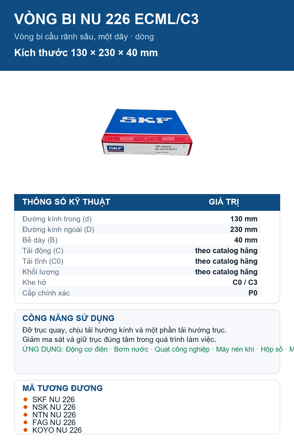 Vòng bi SKF NU 226 ECML/C3 130x230x40mm — Ảnh thông số (Pinterest)