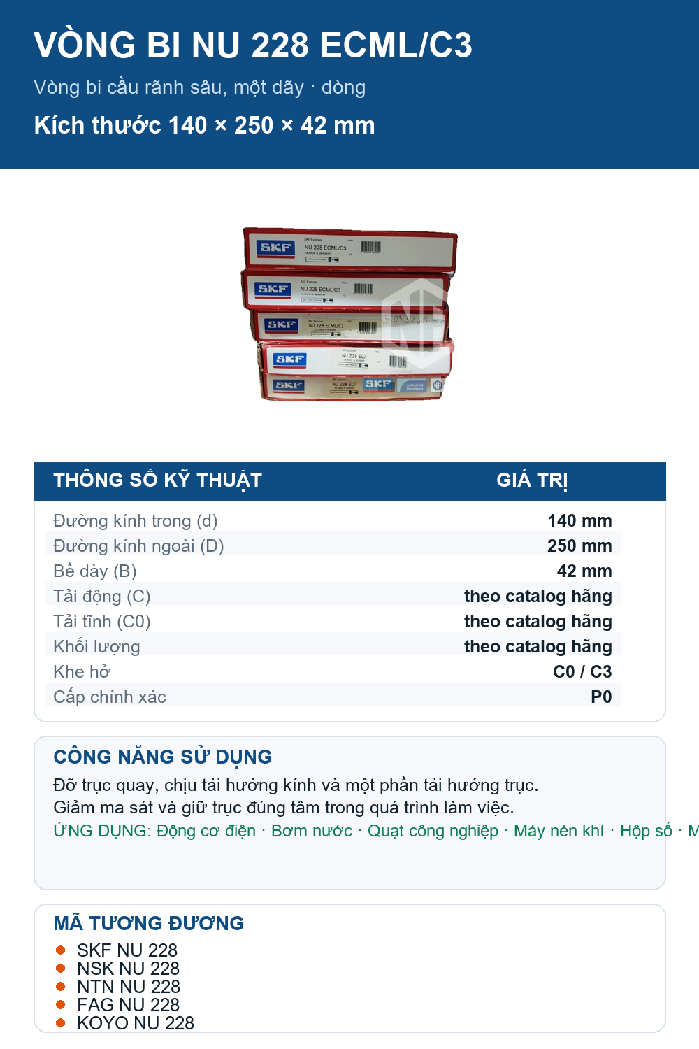 Vòng bi SKF NU 228 ECML/C3 140x250x42mm — Ảnh thông số (Pinterest)