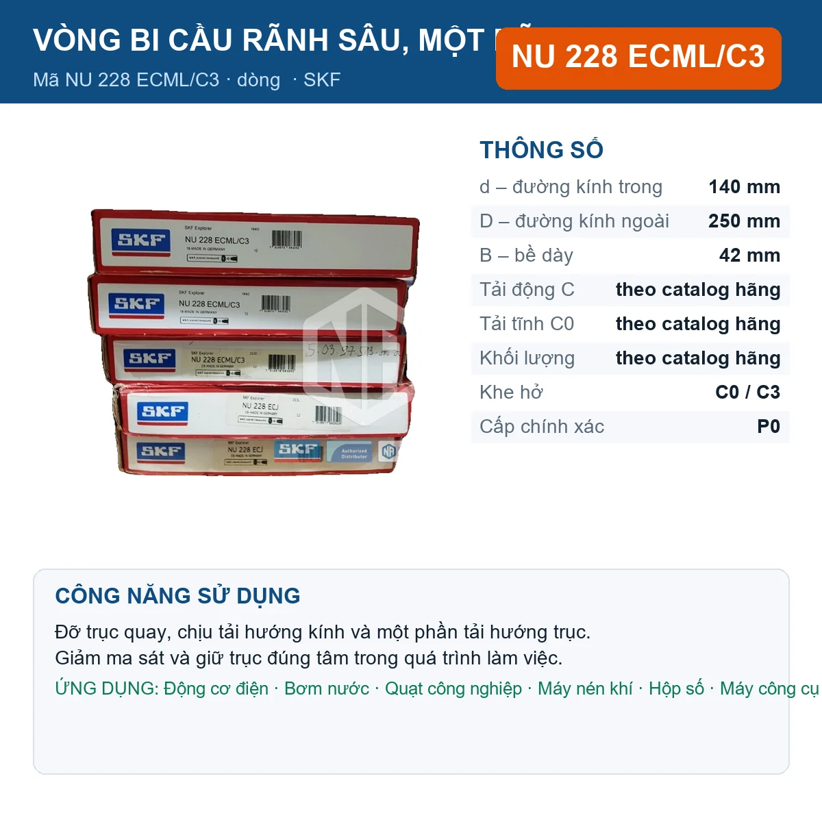 Vòng bi SKF NU 228 ECML/C3 — kích thước 140x250x42mm
