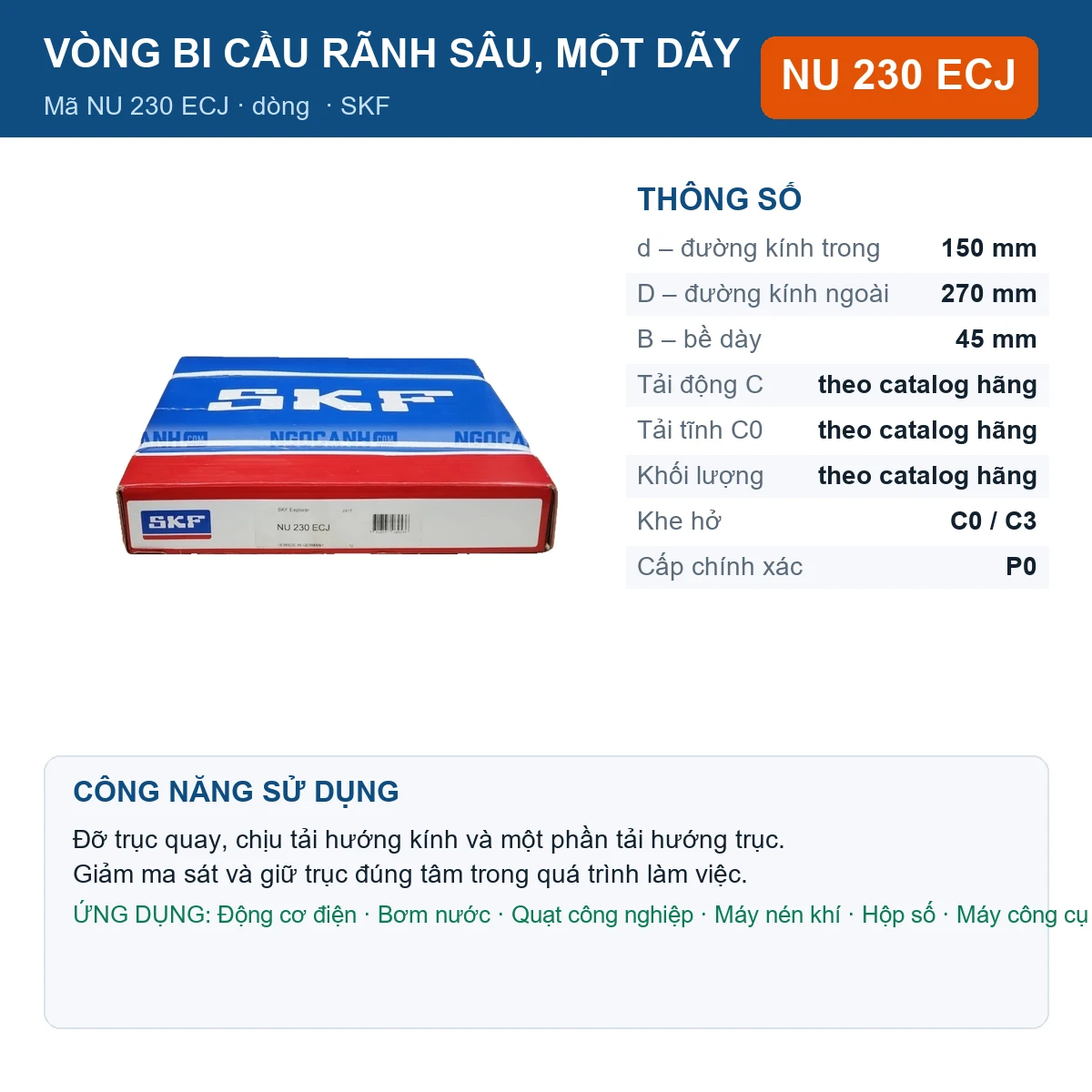 Vòng bi SKF NU 230 ECJ — kích thước 150x270x45mm