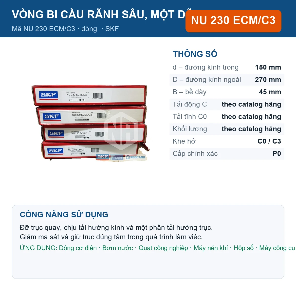 Vòng bi SKF NU 230 ECM/C3 — kích thước 150x270x45mm