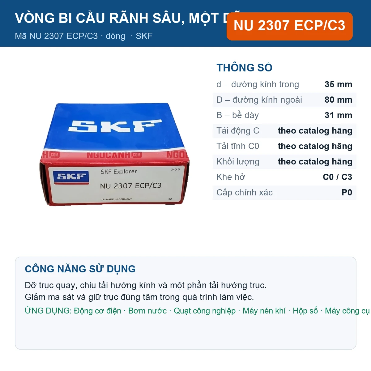Vòng bi SKF NU 2307 ECP/C3 — kích thước 35x80x31mm