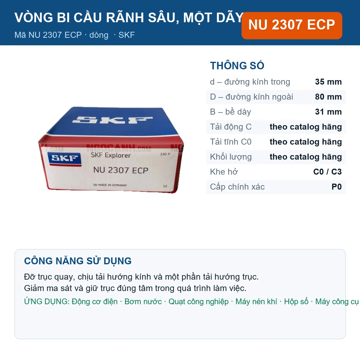 Vòng bi SKF NU 2307 ECP — kích thước 35x80x31mm