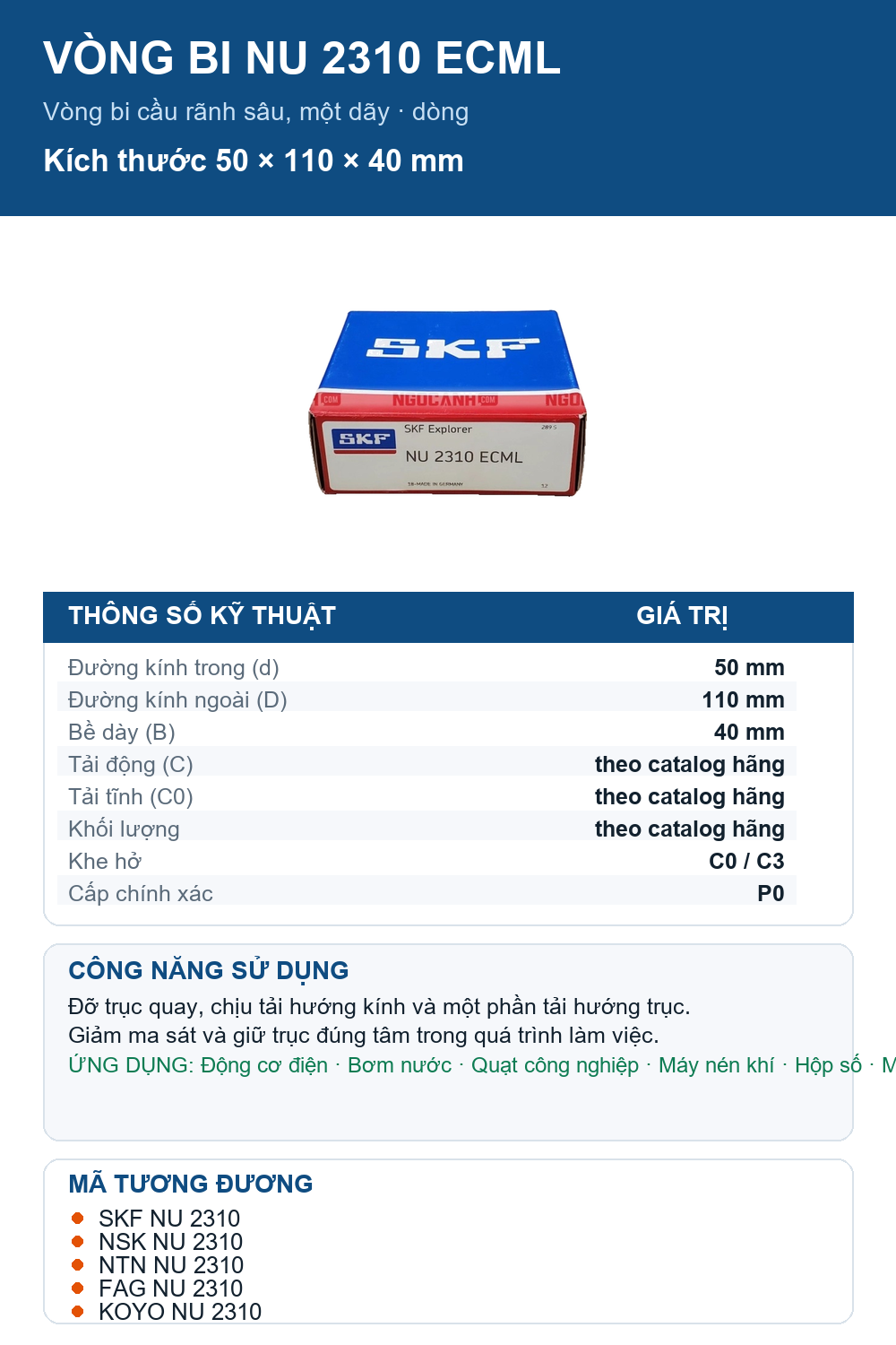 Vòng bi SKF NU 2310 ECML 50x110x40mm — Ảnh thông số (Pinterest)