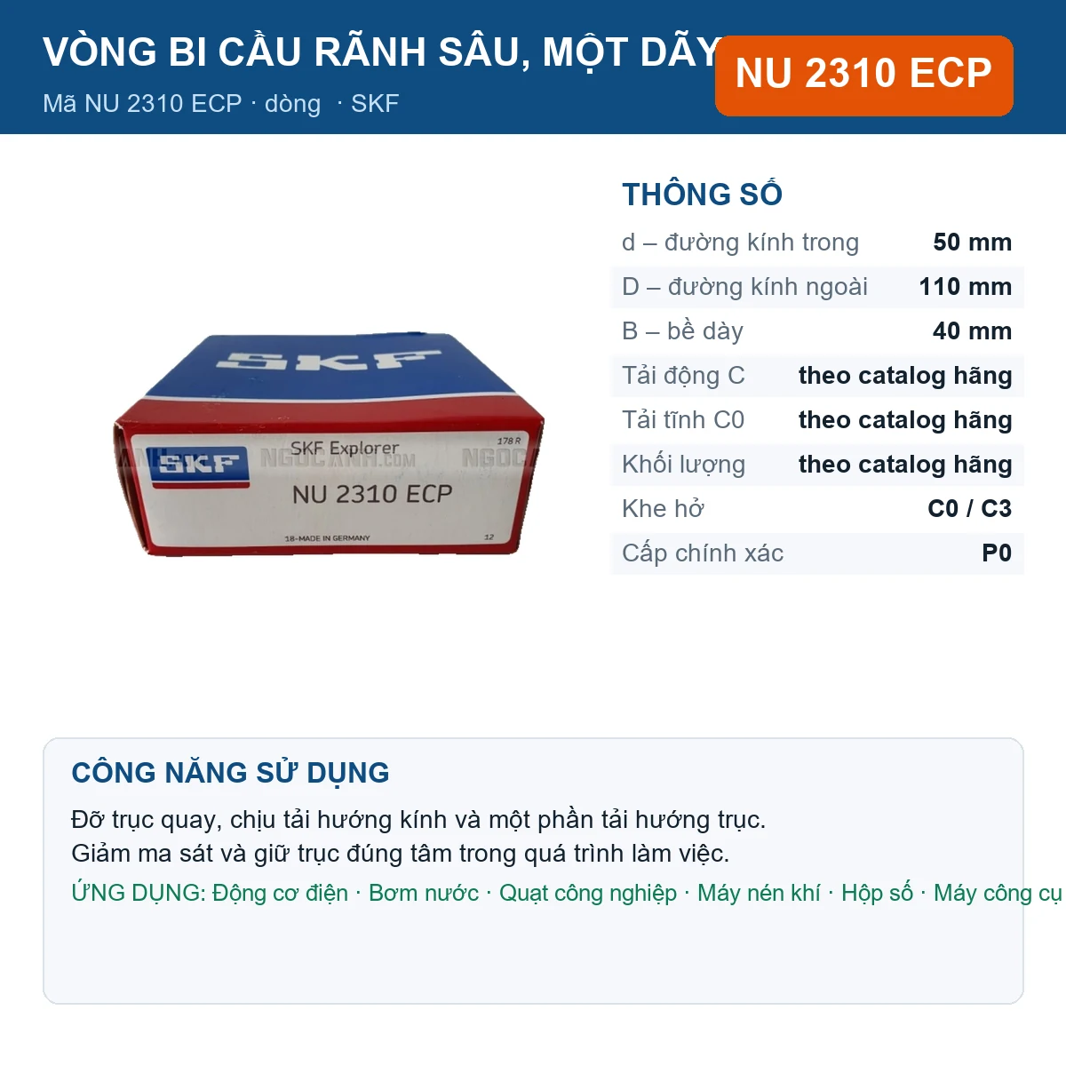 Vòng bi SKF NU 2310 ECP — kích thước 50x110x40mm