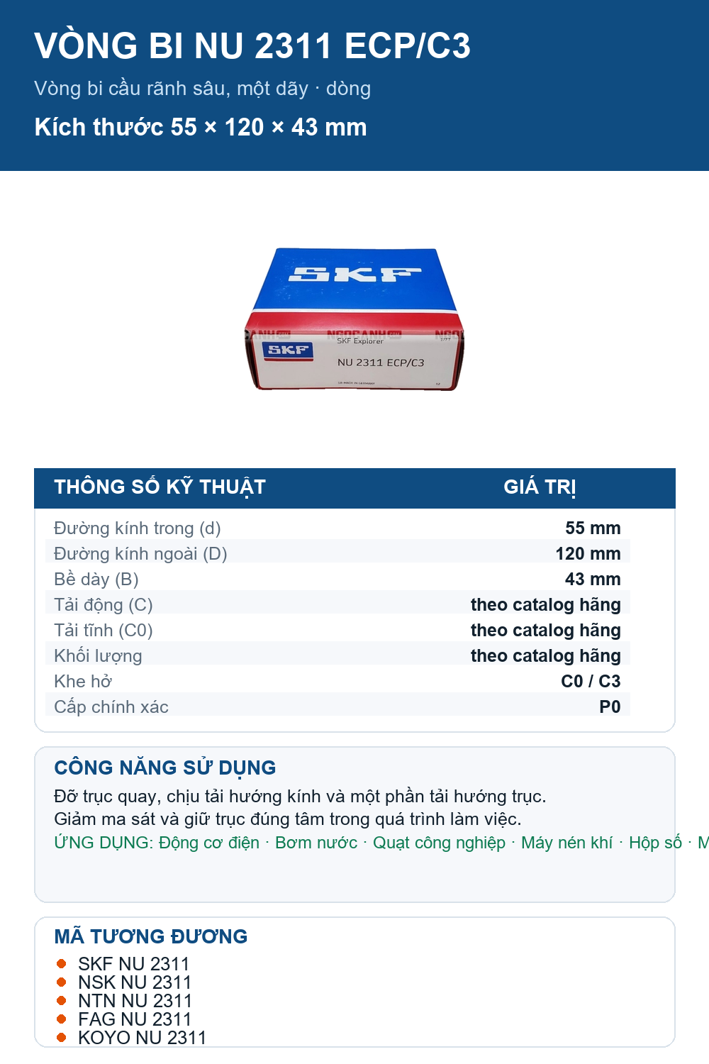 Vòng bi SKF NU 2311 ECP/C3 55x120x43mm — Ảnh thông số (Pinterest)