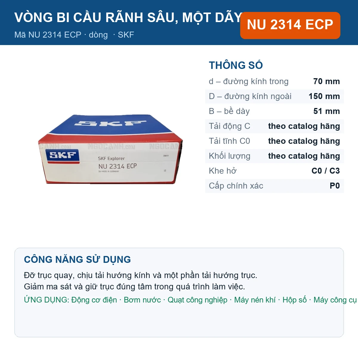 Vòng bi SKF NU 2314 ECP — kích thước 70x150x51mm