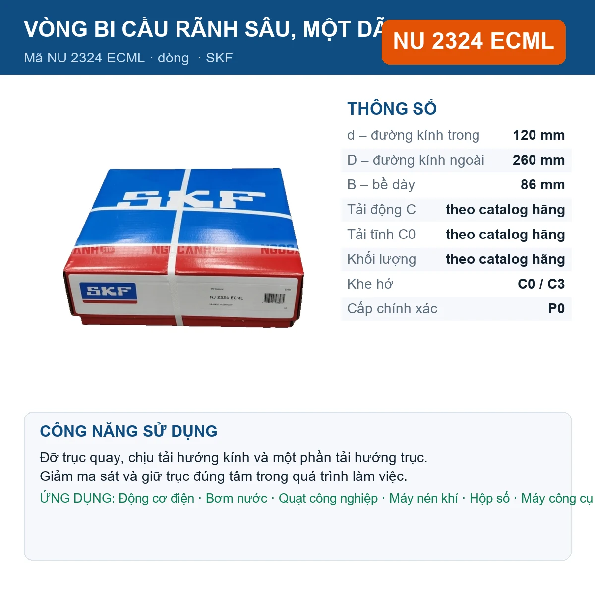 Vòng bi SKF NU 2324 ECML — kích thước 120x260x86mm