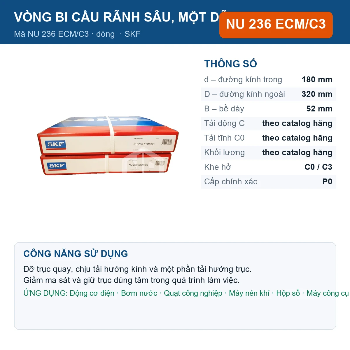 Vòng bi SKF NU 236 ECM/C3 — kích thước 180x320x52mm