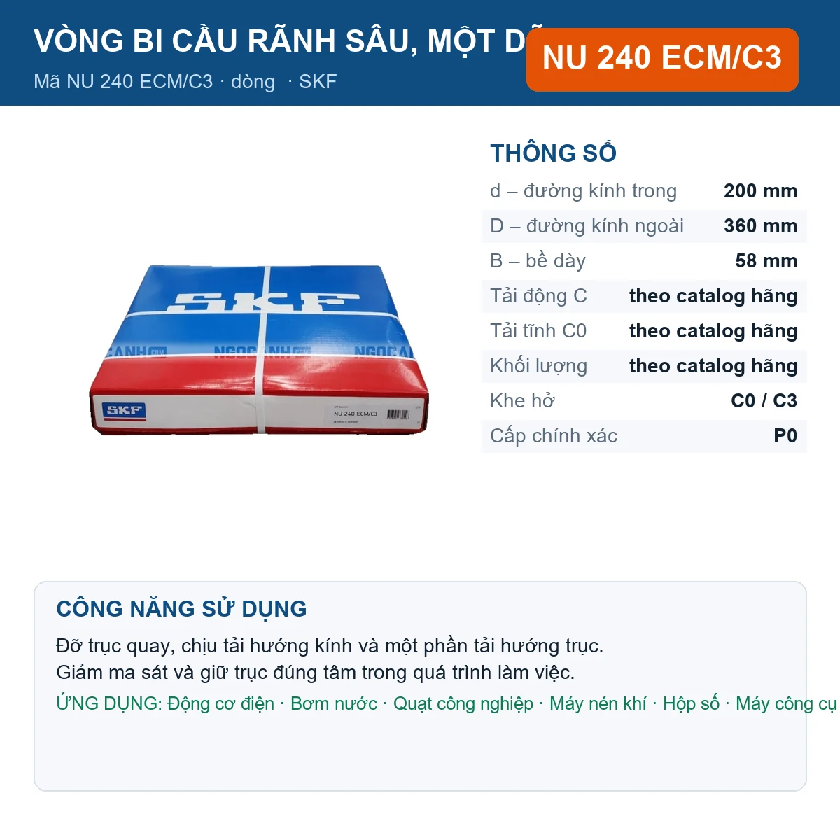 Vòng bi SKF NU 240 ECM/C3 200x360x58mm — Ảnh đăng sản phẩm (web)