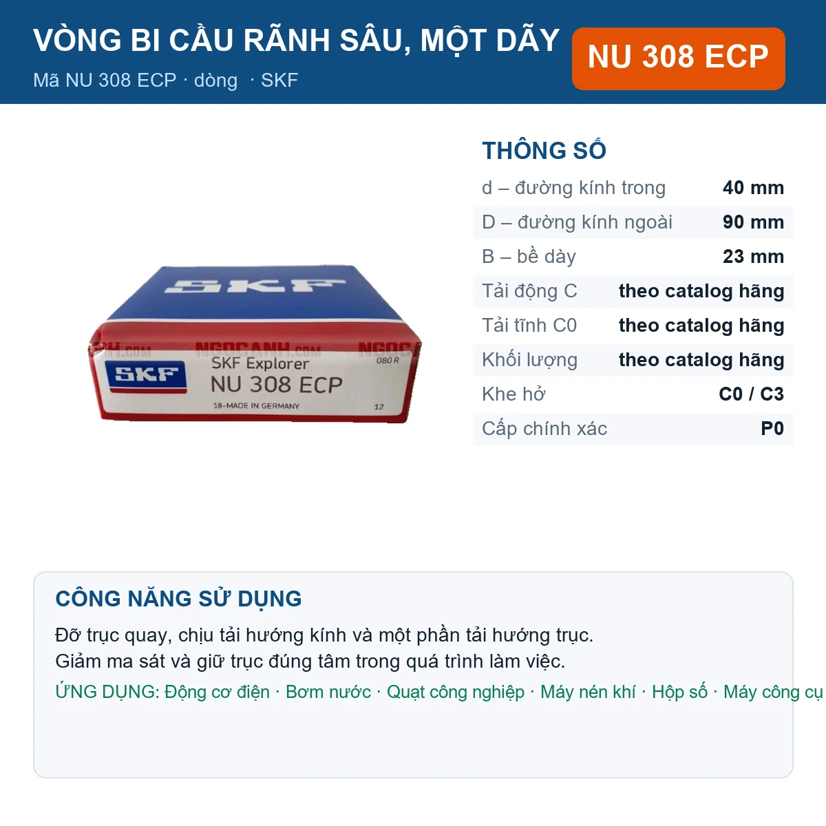 Vòng bi SKF NU 308 ECP — kích thước 40x90x23mm