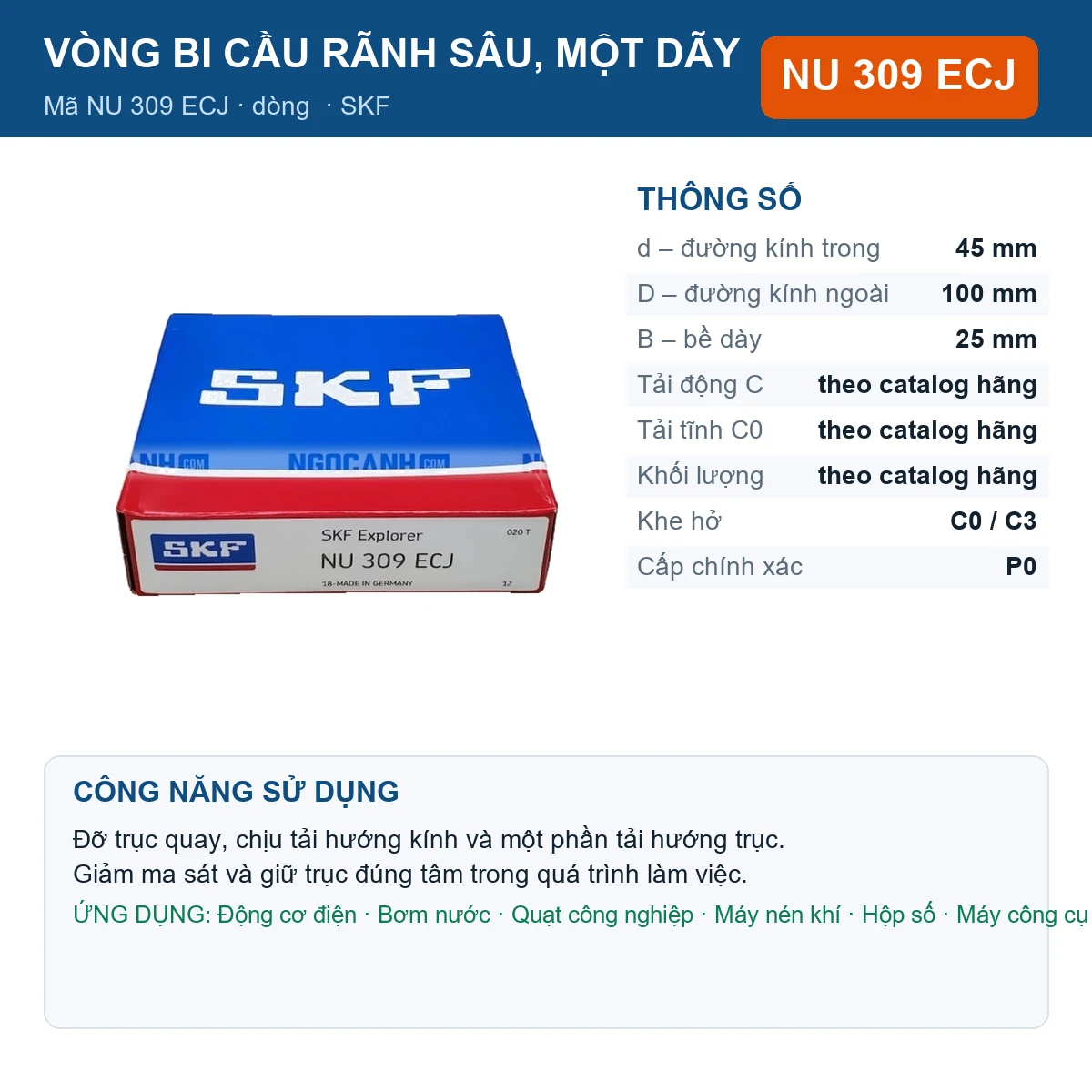 Vòng bi SKF NU 309 ECJ 45x100x25mm — Ảnh đăng sản phẩm (web)
