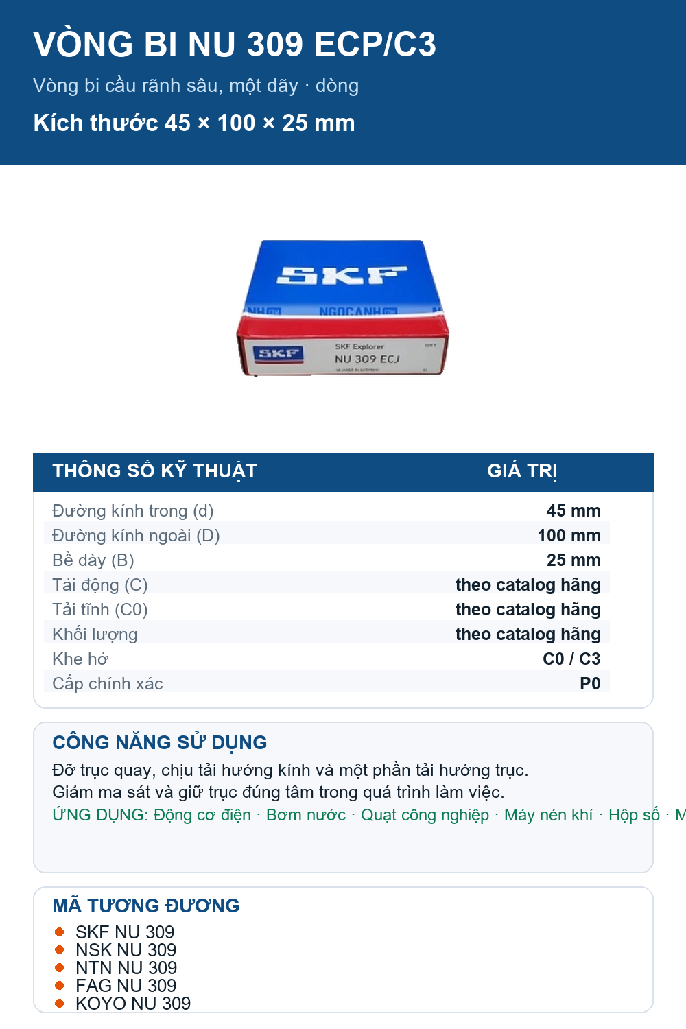 Vòng bi SKF NU 309 ECP/C3 45x100x25mm — Ảnh thông số (Pinterest)