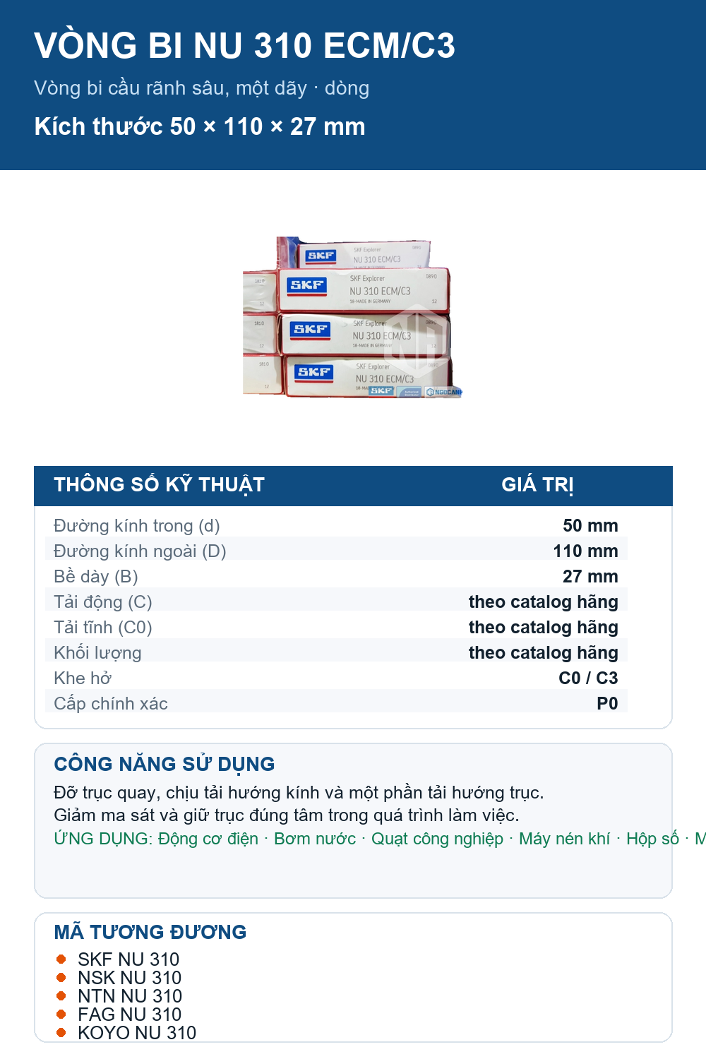 Vòng bi SKF NU 310 ECM/C3 50x110x27mm — Ảnh thông số (Pinterest)