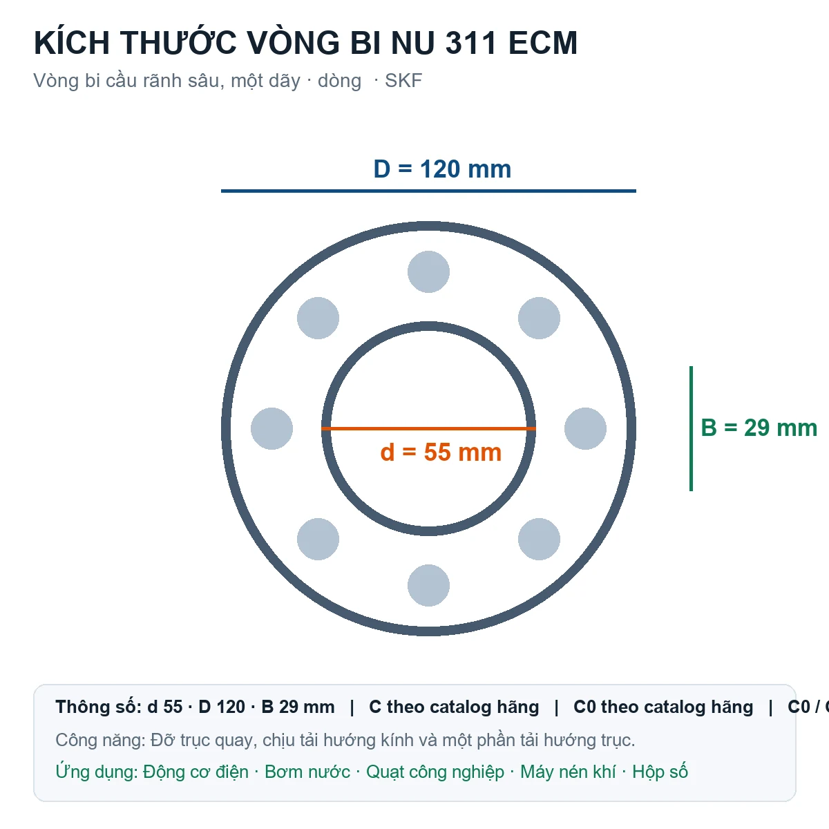 Vòng bi SKF NU 311 ECM 55x120x29mm — Bản vẽ kích thước (Google Images)