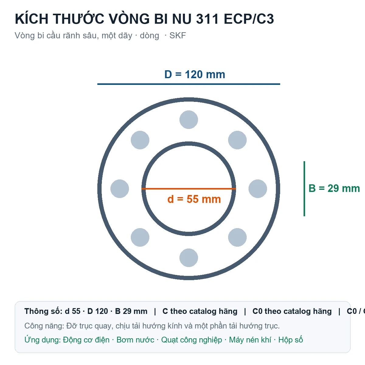 Vòng bi SKF NU 311 ECP/C3 55x120x29mm — Bản vẽ kích thước (Google Images)