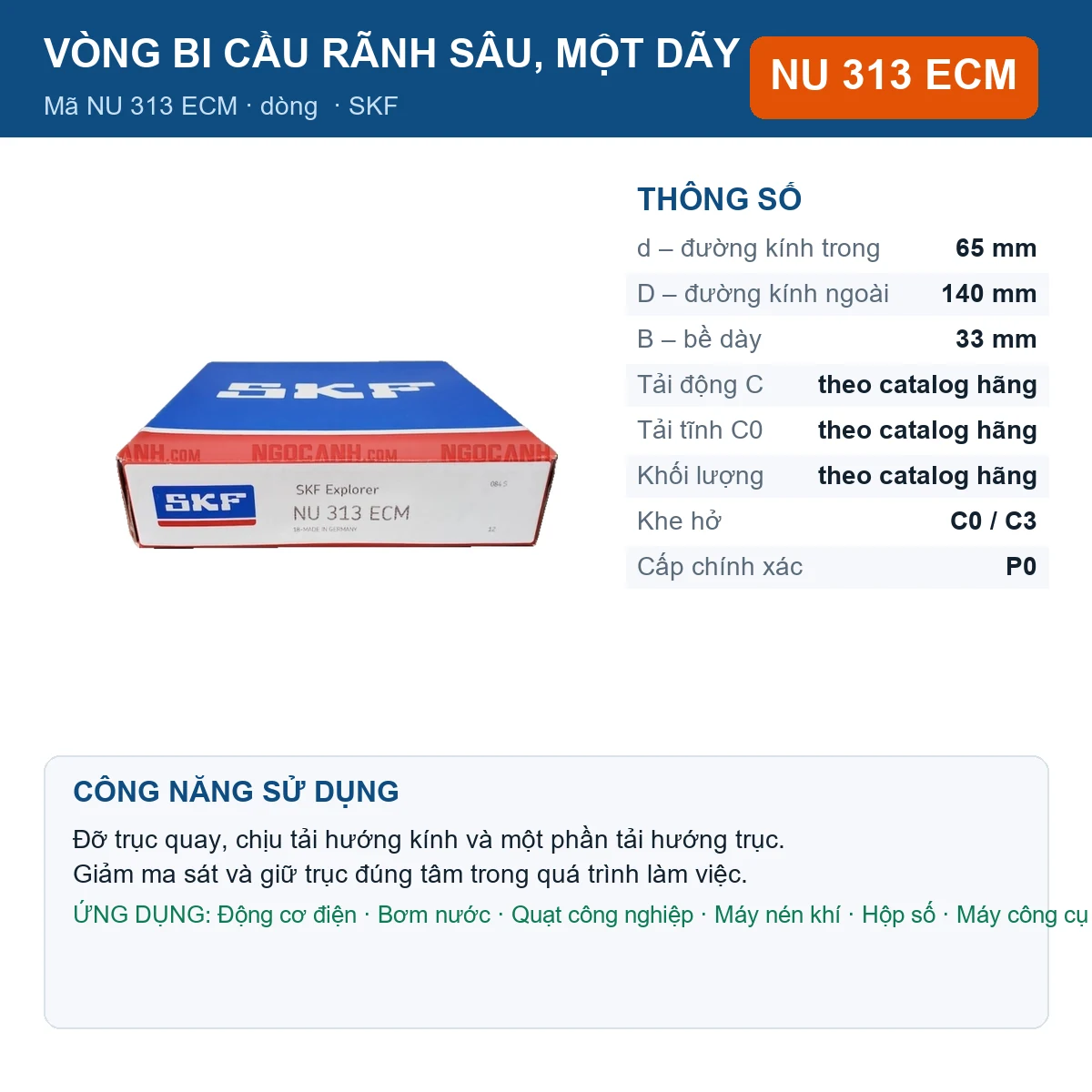 Vòng bi SKF NU 313 ECM — kích thước 65x140x33mm