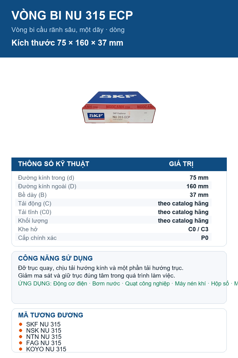 Vòng bi SKF NU 315 ECP 75x160x37mm — Ảnh thông số (Pinterest)