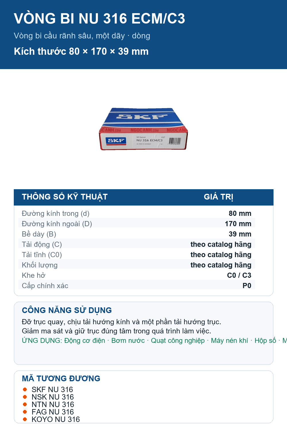 Vòng bi SKF NU 316 ECM/C3 80x170x39mm — Ảnh thông số (Pinterest)