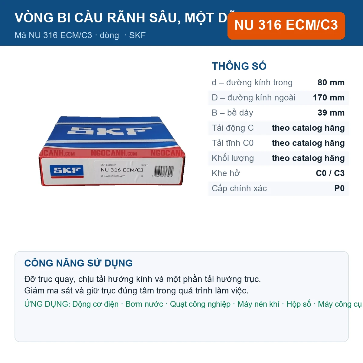 Vòng bi SKF NU 316 ECM/C3 — kích thước 80x170x39mm