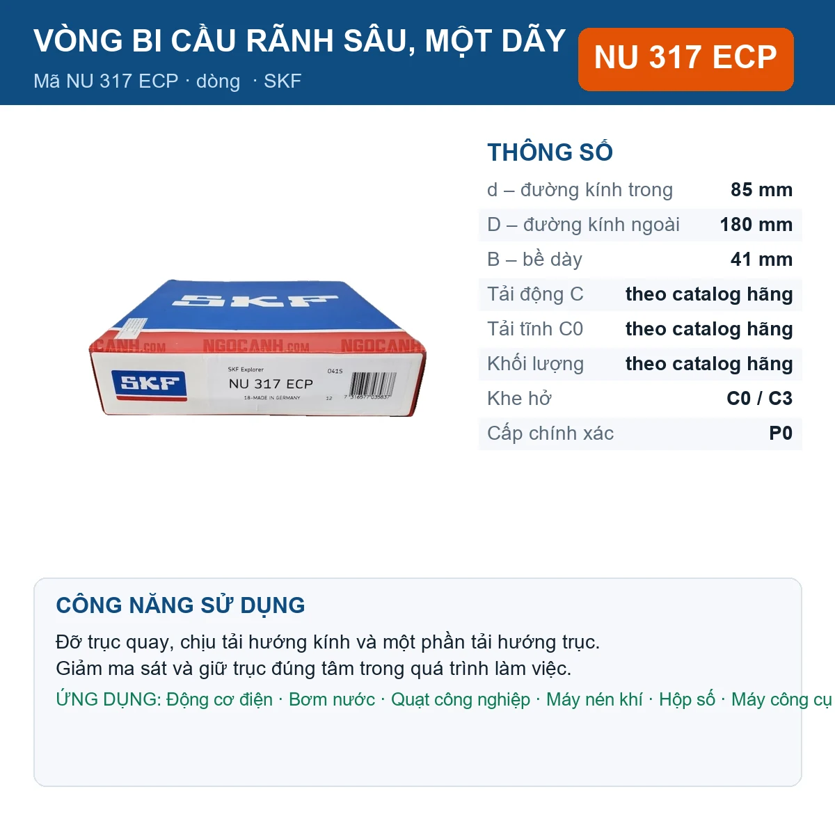 Vòng bi SKF NU 317 ECP — kích thước 85x180x41mm