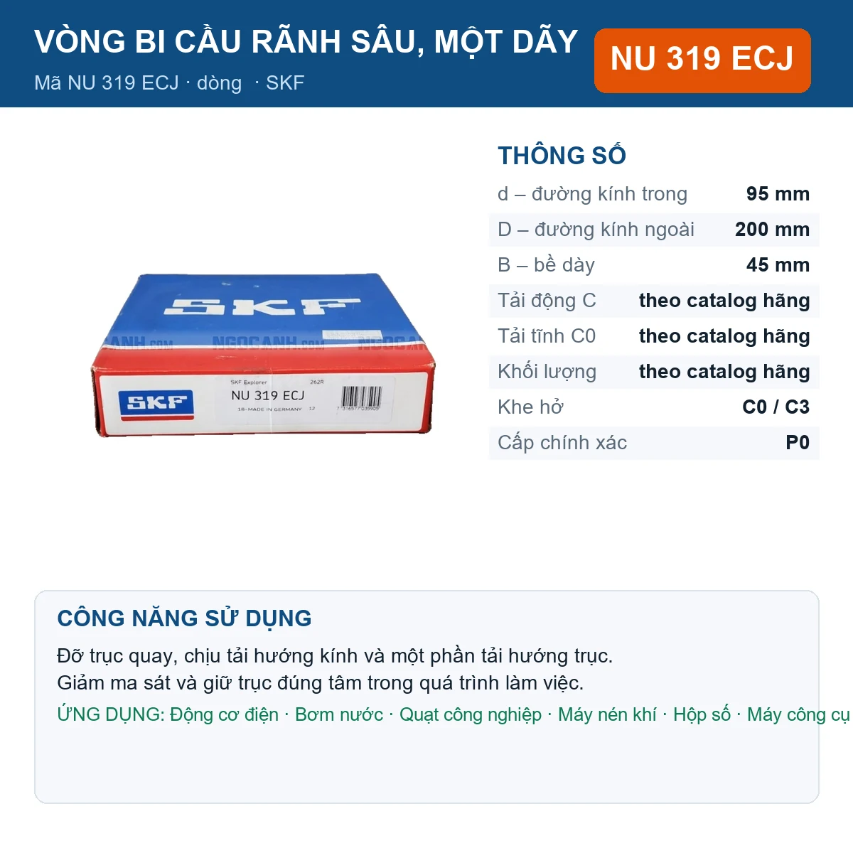 Vòng bi SKF NU 319 ECJ — kích thước 95x200x45mm