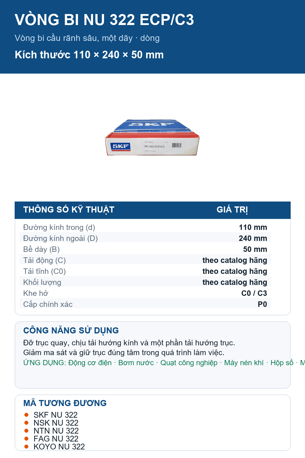 Vòng bi SKF NU 322 ECP/C3 110x240x50mm — Ảnh thông số (Pinterest)