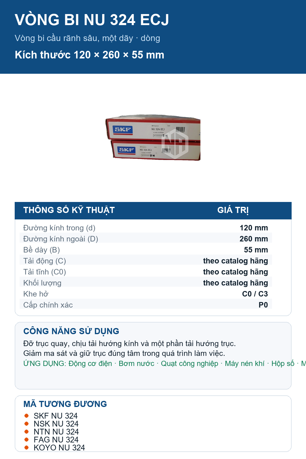 Vòng bi SKF NU 324 ECJ 120x260x55mm — Ảnh thông số (Pinterest)