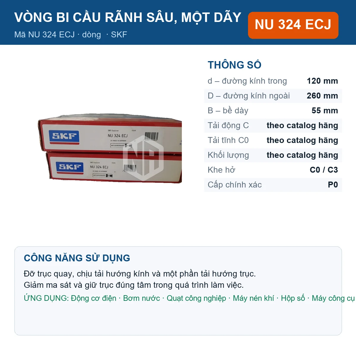 Vòng bi SKF NU 324 ECJ — kích thước 120x260x55mm