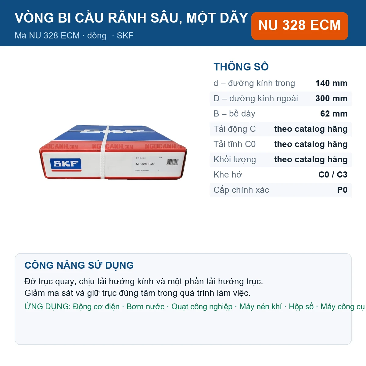 Vòng bi SKF NU 328 ECM 140x300x62mm — Ảnh đăng sản phẩm (web)