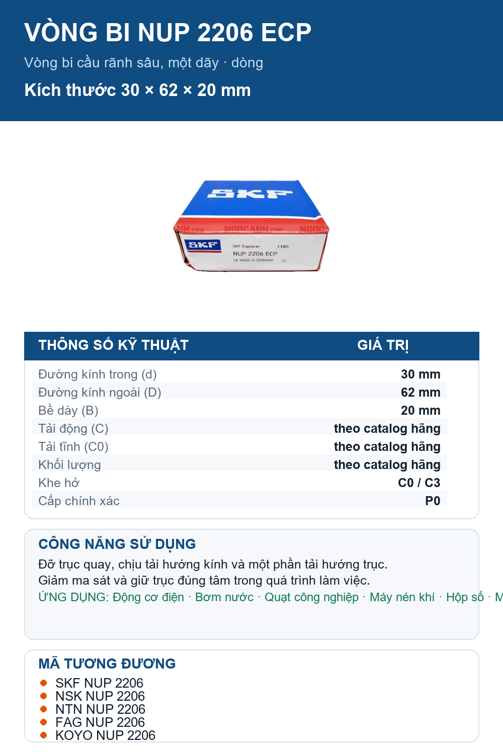 Vòng bi SKF NUP 2206 ECP 30x62x20mm — Ảnh thông số (Pinterest)